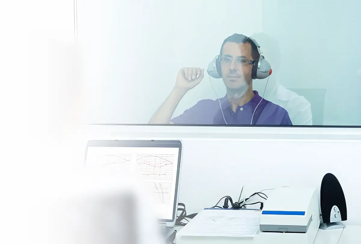 A man wearing headphones sits in a soundproof booth, raising his hand during a hearing test.
