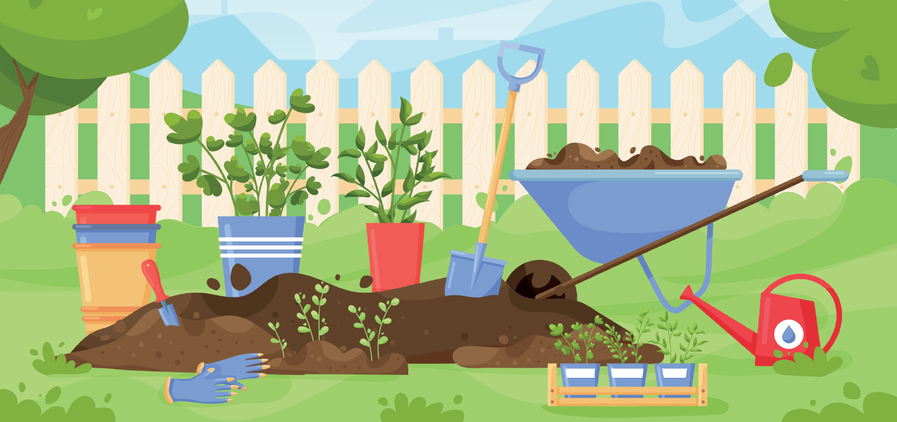An illustrated garden scene featuring potted plants, a shovel, gardening gloves, and a wheelbarrow filled with soil in front of a white picket fence